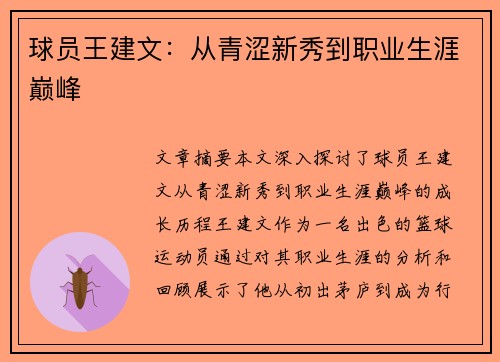 球员王建文：从青涩新秀到职业生涯巅峰